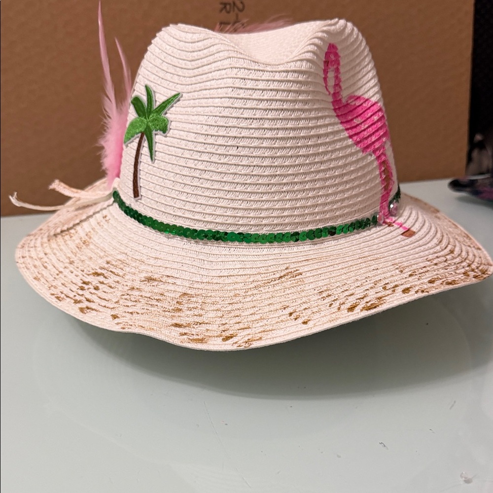 Girls Pink Straw Fedora Hat with Flamingo & Palm Accent